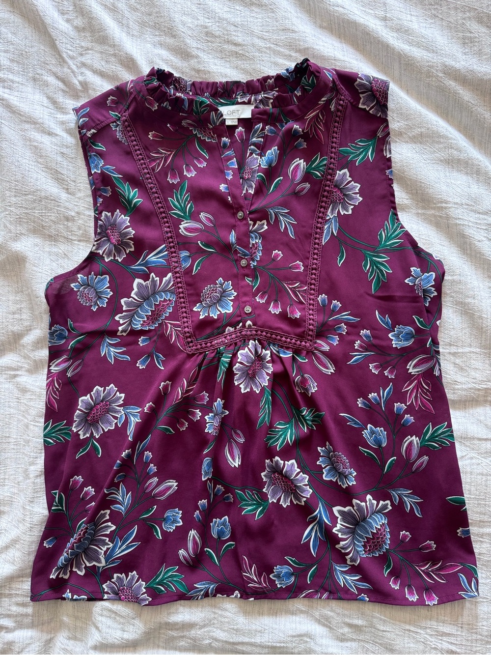 LOFT Plum Floral Pintuck Sleeveless Top